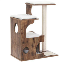 Feandrea PCT70HW 86 cm Macskafa Középméretű Torony 3 Pihenőhellyel és Barlanggal MDF Fa Furnér Szizál Oszlop Mosható Plüss Rusztikus Barna Fehér (PCT70HWV2)