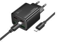 hoco. N56 hálózati töltő 2 USB+2 Type-C aljzat (30W, GaN, PD gyorstöltő 3.0 + lightning kábel) FEKETE (174426)