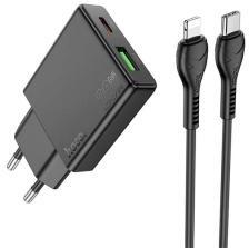hoco. N38 hálózati töltő USB+Type-C aljzat (20W, PD gyorstöltő 3.0, vékony + lightning kábel) FEKETE (175002)
