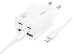 hoco. N56 hálózati töltő 2 USB+2 Type-C aljzat (30W, GaN, PD gyorstöltő 3.0 + lightning kábel) FEHÉR
