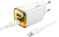 hoco. N52 hálózati töltő USB+Type-C aljzat (20W, PD gyorstöltő 3.0 + Type-C kábel) FEHÉR (174909)