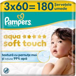 Pampers Aqua Soft Touch nedves törlőkendők puha textúrával, Könnyű testápolóval és 99%-os vízzel, 3 csomag x60, 180 db