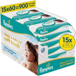 Pampers Aqua Soft Touch nedves törlőkendők puha textúrával, Könnyű testápolóval és 99%-os vízzel, 15 csomag x60, 900 db