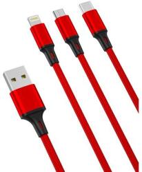 XO iPhone adatkábel, töltőkábel, iPhone 8pin, lightning, Type-C, Micro usb, 3in1, piros, 2.4A 1.2m, XO NB173