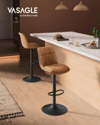 VASAGLE LJB095K01 bárszék 2 db-os szett magasságállítható forgó konyhai szék steppelt PU borítással háttámlával és lábtartóval karamell barna (EUZ-LJB095KN01) - prodis