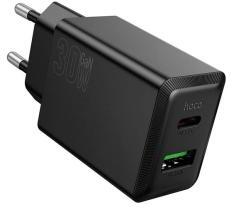 hoco. N71 hálózati töltő USB+Type-C aljzat (30W, PD gyorstöltő 3.0) FEKETE (179184)