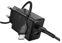 hoco. N71 hálózati töltő USB+Type-C aljzat (30W, PD gyorstöltő 3.0 + Type-C kábel) FEKETE (179182)
