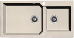 Laveo MILOS 2M 100 kétmedencés bézs gránit mosogató helytakarékos dugókiemelős szifonnal (OPSPM_4209)