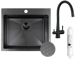 Laveo MALAWI inox grafit színű beépíthető inox mosogató szifonnal, RIVECO vízszűrős szettel, 50x58x20 cm (OPSLMA_510F)