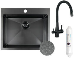 Laveo MALAWI fekete színű, struktúrált felületű beépíthető inox mosogató szifonnal, RIVECO vízszűrős szettel, 50x58x20 cm (SLMA_710F) - watermarkt