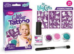 TYTOO Csillámtetoválás LilyCorn szett (28 sablon, 3 csillámpor, 5 ml ragasztó, ecset) (VZM-KQPXX1800463) - mesescuccok