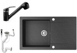 NERO Gránit Mosogató NERO Gold + Kihúzható Zuhanyfejes Shower Csaptelep + Dugókiemelő Fekete