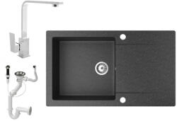 NERO Gránit Mosogató NERO Gold + Design Króm Csaptelep + Dugókiemelő Fekete