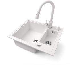 NERO Gránit Mosogató Nero Arriva + Kihúzható Zuhanyfejes Snake Csaptelep + Adagoló + Dugókiemelő Fehér