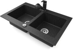 NERO Gránit Mosogatótálca Nero Verso + Kihúzható Zuhanyfejes Shower Csaptelep + Dugókiemelő Fekete