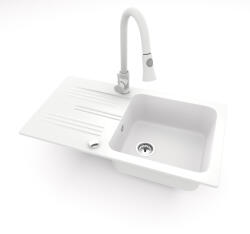 NERO Gránit Mosogató NERO Malta + Kihúzható Zuhanyfejes Snake Csaptelep + Dugóemelő Fehér