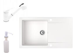 NERO Gránit Mosogató NERO Gold + Kihúzható Zuhanyfejes Shower Csaptelep + Adagoló Fehér