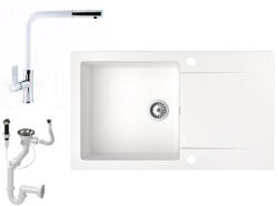 NERO Gránit Mosogató NERO Gold + Kihúzható Linea Csaptelep + Dugókiemelő Fehér