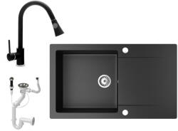 NERO Gránit Mosogatótálca NERO Gold + Kihúzható Zuhanyfejes Snake Csaptelep + Dugókiemelő Matt Fekete