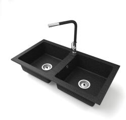 NERO Gránit Mosogató Nero Lybra + Kihúzható Linea Csaptelep + Szifon Fekete