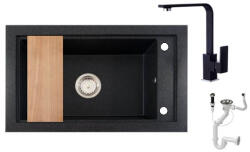 NERO Gránit Mosogató Nero Panama + Design Csaptelep + Vágódeszka + Dugókiemelő Szemcsés Fekete
