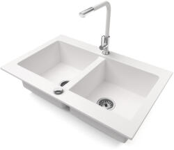 NERO Gránit Mosogatótálca Nero Verso + Kihúzható Linea Csaptelep + Dugókiemelő Fehér