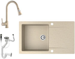 NERO Gránit Mosogató NERO Gold + Kihúzható Zuhanyfejes Snake Csaptelep + Dugókiemelő Bézs