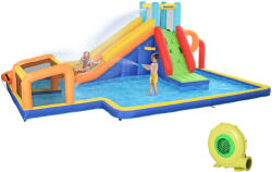 Outsunny Felfújható Kastély Csúszdával, Mászófallal, Vízágyúval, Kosárgyűrűvel és Futballkapuval, 590x460x220 cm, Többszínű