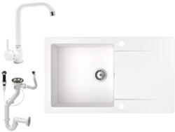 NERO Gránit Mosogató NERO Gold + Steel Csaptelep + Dugókiemelő Fehér