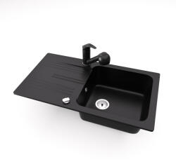 NERO Gránit Mosogató NERO Malta + Kihúzható Zuhanyfejes Shower Csaptelep + Dugókiemelő Matt Fekete