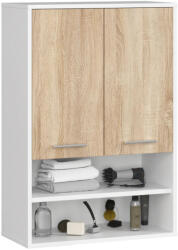Brius Dulap baie suspendat, cu 2 usi si 2 rafturi deschise, PAL 16 mm, 64x30x94 cm, alb si stejar sonoma (AK-12214046)