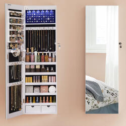 Brius Dulap de bijuterii cu oglinda, montare pe perete, lumini LED, 37x10x120cm, alb (EZ-JJC99WT)