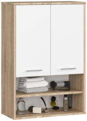 Brius Dulap baie suspendat, cu 2 usi si 2 rafturi deschise, PAL 16 mm, 64x30x94 cm, stejar sonoma si alb (AK-12214077)