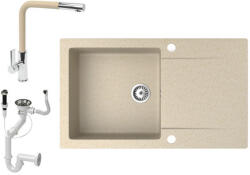 NERO Gránit Mosogató NERO Gold + Kihúzható Linea Csaptelep + Dugókiemelő Bézs