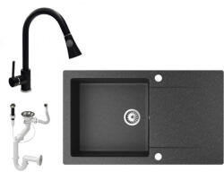 NERO Gránit Mosogató NERO Gold + Kihúzható Zuhanyfejes Snake Csaptelep + Dugókiemelő Fekete
