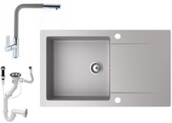 NERO Gránit Mosogató NERO Gold + Kihúzható Linea Csaptelep + Dugókiemelő Szürke