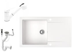 NERO Gránit Mosogató NERO Gold + Kihúzható Zuhanyfejes Shower Csaptelep + Dugókiemelő Fehér