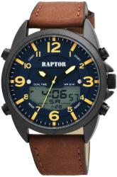 RAPTOR Ceas barbatesc, Raptor, analog/digital, carcasa neagra, curea piele naturala maro, doua fuse orare, functii, 50mm (RA20262-003) Ceas