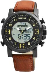 RAPTOR Ceas barbatesc, Raptor, analog/digital, carcasa neagra, curea piele naturala maro, doua fuse orare, functii, 48mm (RA20263-001) Ceas