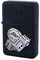 Angelo Benzines öngyújtó sötétszürke-fekete árnyalatú, dombornyomott dobókocka és „100 feliratú zseton minta (A-245420-19)