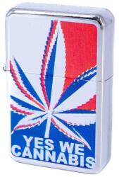 Angelo Benzines öngyújtó króm színű, piros-fehér-kék színvilágú Cannabis-levél grafika, „Yes We Cannabis felirattal (A-245420-9)