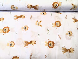  Fehér alapon oroszlán és zsiráf mintás pamutvászon textil - 160 cm - elfordított mintás