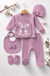SuperBaby Set bebe fete 5 piese mov prafuit iepuras bluza pantaloni baveta caciula manusi