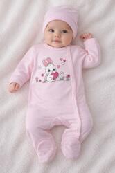 SuperBaby Salopeta bebe fete roz deschis iepuras inimioara bumbac cu caciula