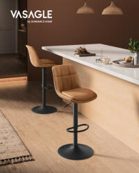 VASAGLE LJB095K01 bárszék 2 db-os szett magasságállítható forgó konyhai szék steppelt PU borítással háttámlával és lábtartóval karamell barna (LJB095KN01)
