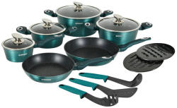 Herzberg Set oale si tigai Herzberg HG-METBL15, 15 piese, Aluminiu 3003, Acoperire marmura, Capace din sticla, Inductie, Verde albastru (HG-METBL15)