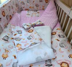  4 részes pamut/minky baba ágynemű szett - Rózsaszín felhős állatok