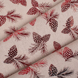 Takoy Dekorációs juta szövet természetes színű piros tobozokkal