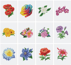 Figured Art Mini set 12 goblenuri cu diamante, fara sasiu, Flori 2, 18x15 cm (FL020)