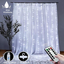 Remishop Távirányítós Micro LED Fényfüggöny USB 2x2m hideg fehér 8 fénymód kültéri/beltéri